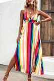 Multicolor Striped V Neck Spaghetti Strap Backless Maxi Dress