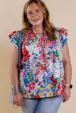 Red Plus Floral Print Ruffle Cap Sleeve V Neck Blouse