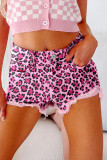 Pink Leopard Print Raw Hem Denim Shorts