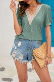 Plain Eyelet V Neck Lace Puff Top