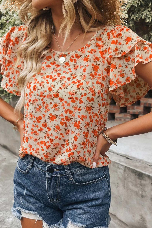 Orange Floral Tiered Flutter Sleeve Blouse