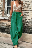 Plain Elastic Waist Pockets Wide Leg Pants