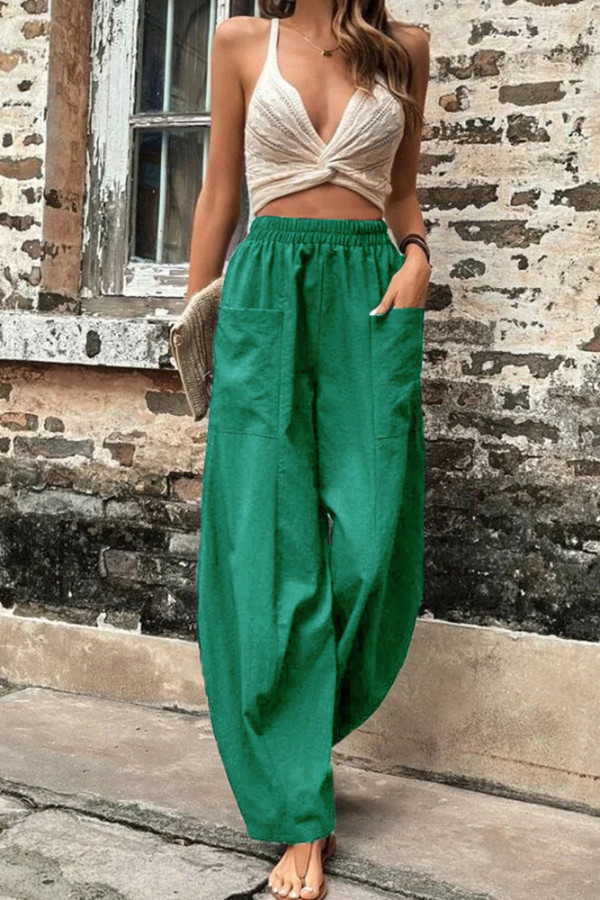 Plain Elastic Waist Pockets Wide Leg Pants