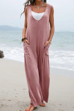 Plain V Neck Pockets Sleeveless Jumpsuit