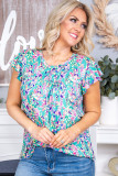 Sky Blue Floral Print Ruffled Short Sleeve Babydoll Top