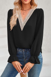 Plain V Neck Lace Edge Puffy Blouse
