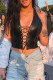 Black PU Criss-Cross Halter Backless Crop Top