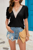 Plain Eyelet V Neck Lace Puff Top
