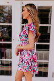Red V Neck Short Sleeve Floral Dress