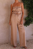 Plain Ruched Cami Crop Top With Wide Leg Pants 2pcs Set