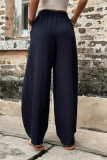Plain Elastic Waist Pockets Wide Leg Pants