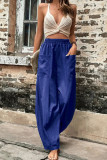 Plain Elastic Waist Pockets Wide Leg Pants
