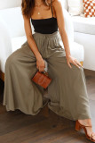 Plain Elastic Drawstring Waist Pockets Wide Leg Pants
