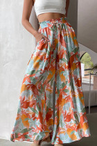 Plain Elastic Drawstring Waist Pockets Wide Leg Pants