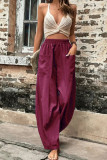Plain Elastic Waist Pockets Wide Leg Pants