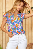 Sky Blue Flutter Sleeve Floral Print Blouse