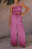 Plain Ruched Cami Crop Top With Wide Leg Pants 2pcs Set