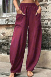 Plain Elastic Waist Pockets Wide Leg Pants