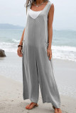 Plain V Neck Pockets Sleeveless Jumpsuit