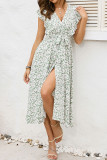 V Neck Ruffle FLoral Split Dress