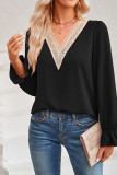 Plain V Neck Lace Edge Puffy Blouse
