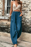 Plain Elastic Waist Pockets Wide Leg Pants
