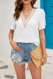 Plain Eyelet V Neck Lace Puff Top