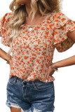 Orange Floral Tiered Flutter Sleeve Blouse