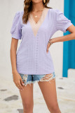 Plain Eyelet V Neck Lace Puff Top