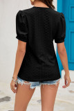 Plain Eyelet V Neck Lace Puff Top