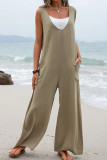 Plain V Neck Pockets Sleeveless Jumpsuit