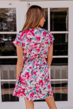 Red V Neck Short Sleeve Floral Dress
