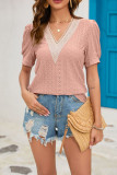 Plain Eyelet V Neck Lace Puff Top