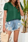 Swiss Dot V Neck Crochet Puff Sleeves Top