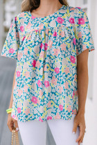 Sky Blue Floral Print O-neck Short Sleeve Babydoll Blouse