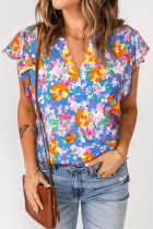 Sky Blue Flutter Sleeve Floral Print Blouse