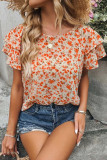 Orange Floral Tiered Flutter Sleeve Blouse