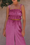 Plain Ruched Cami Crop Top With Wide Leg Pants 2pcs Set