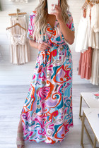 Multicolor Abstract Printed Wrap V Neck Belted Maxi Dress