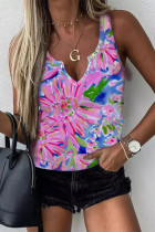 Pink Floral Print Notch Neck Sleeveless Top