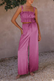 Plain Ruched Cami Crop Top With Wide Leg Pants 2pcs Set