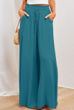 Plain Elastic Drawstring Waist Pockets Wide Leg Pants