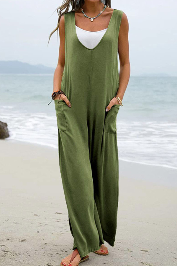 Plain V Neck Pockets Sleeveless Jumpsuit