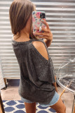 Gray Vintage Cold Shoulder Textured Loose Top