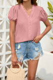 Swiss Dot V Neck Crochet Puff Sleeves Top
