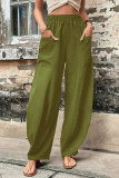 Plain Elastic Waist Pockets Wide Leg Pants