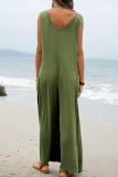 Plain V Neck Pockets Sleeveless Jumpsuit