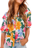 Multicolor Floral Print Ruffle Trim Puff Sleeve Shirt
