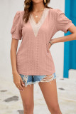 Plain Eyelet V Neck Lace Puff Top