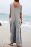 Plain V Neck Pockets Sleeveless Jumpsuit